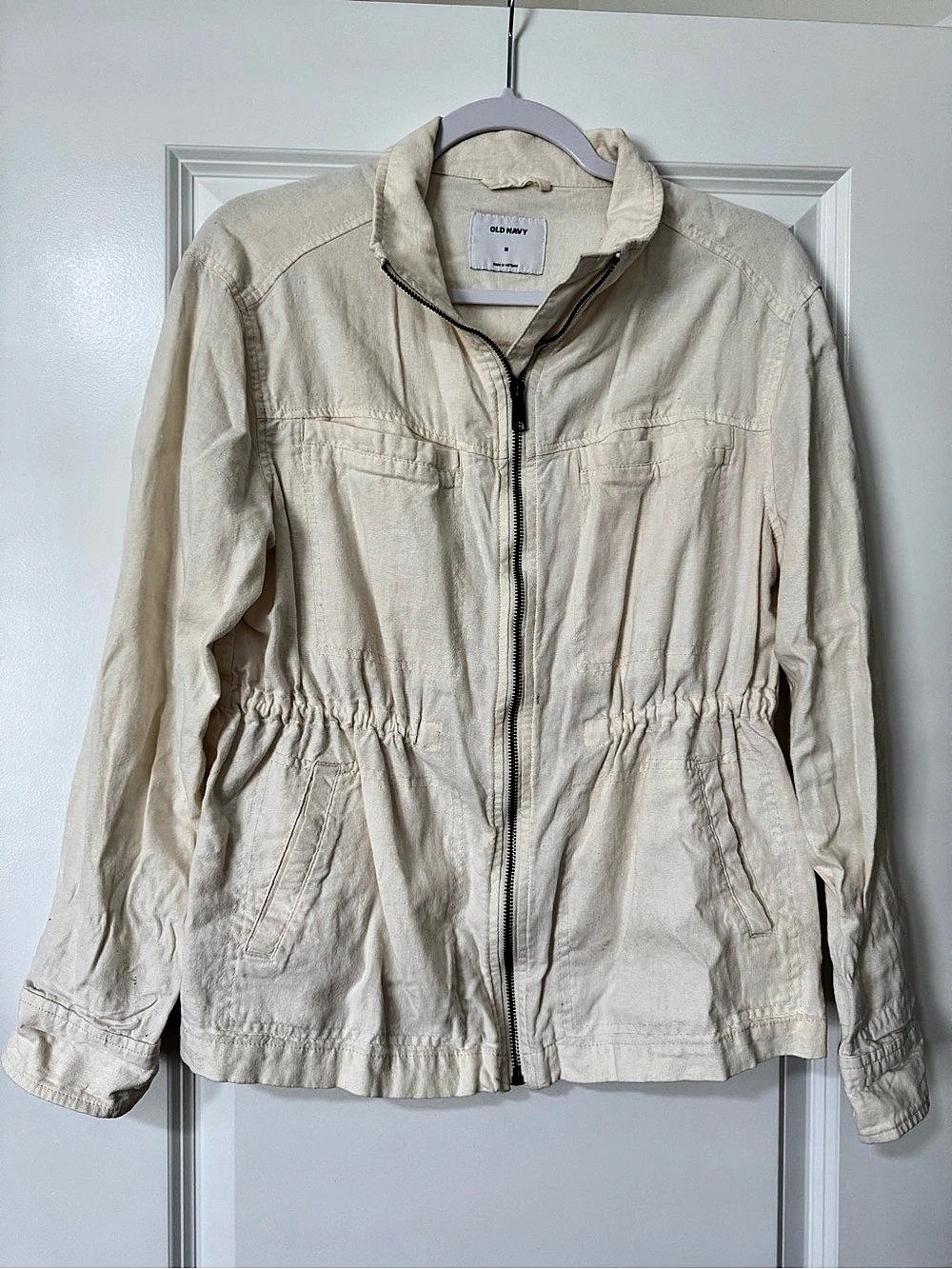 Old Navy Linen-Blend Utility Zip Jacket for Women Cream Medium